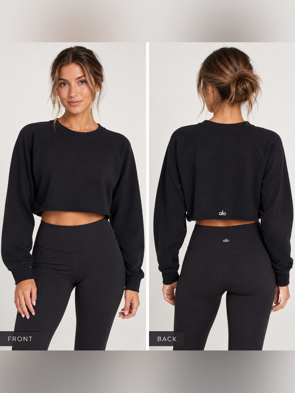ALO Yoga Black Cropped Crewneck Sweatshirt Long Sleeve Pullover